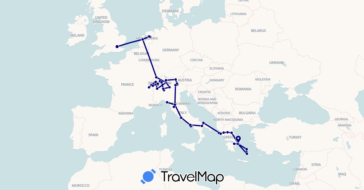 TravelMap itinerary: driving in Austria, Switzerland, United Kingdom, Greece, Italy, Netherlands (Europe)